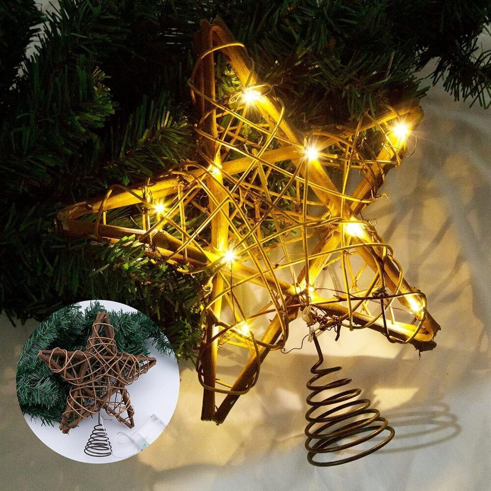 Christmas Tree Topper Star, 10-inch Rustic Brown Rattan Natural with 10 Warm Whi